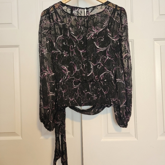 White House Black Market Tops - WHBM  Black & Purple Sheer Floral Long Sleeve Crew Cami Woman's Blouse  Size 4